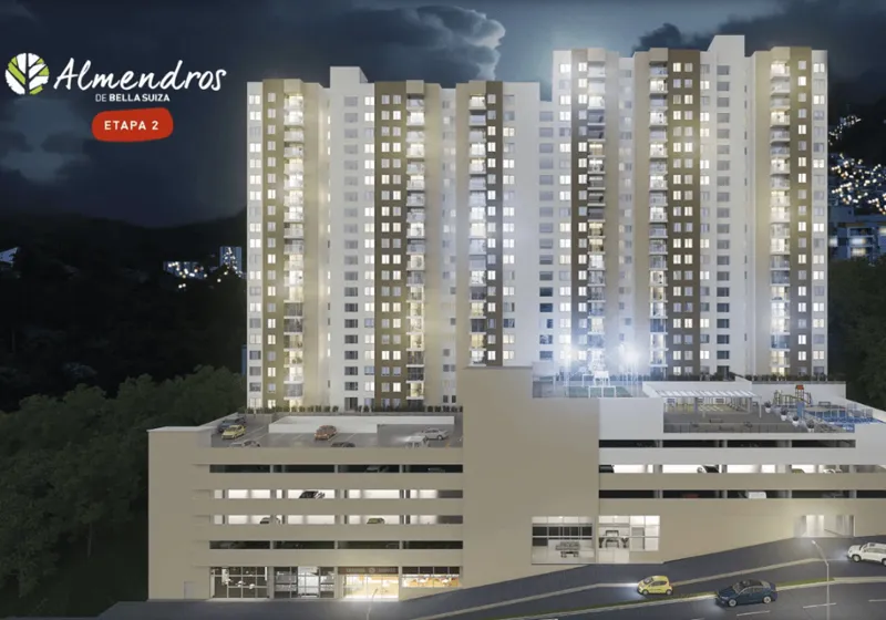 Almendros de Bella Suiza Etapa 2, render nocturno de las torres de apartamentos